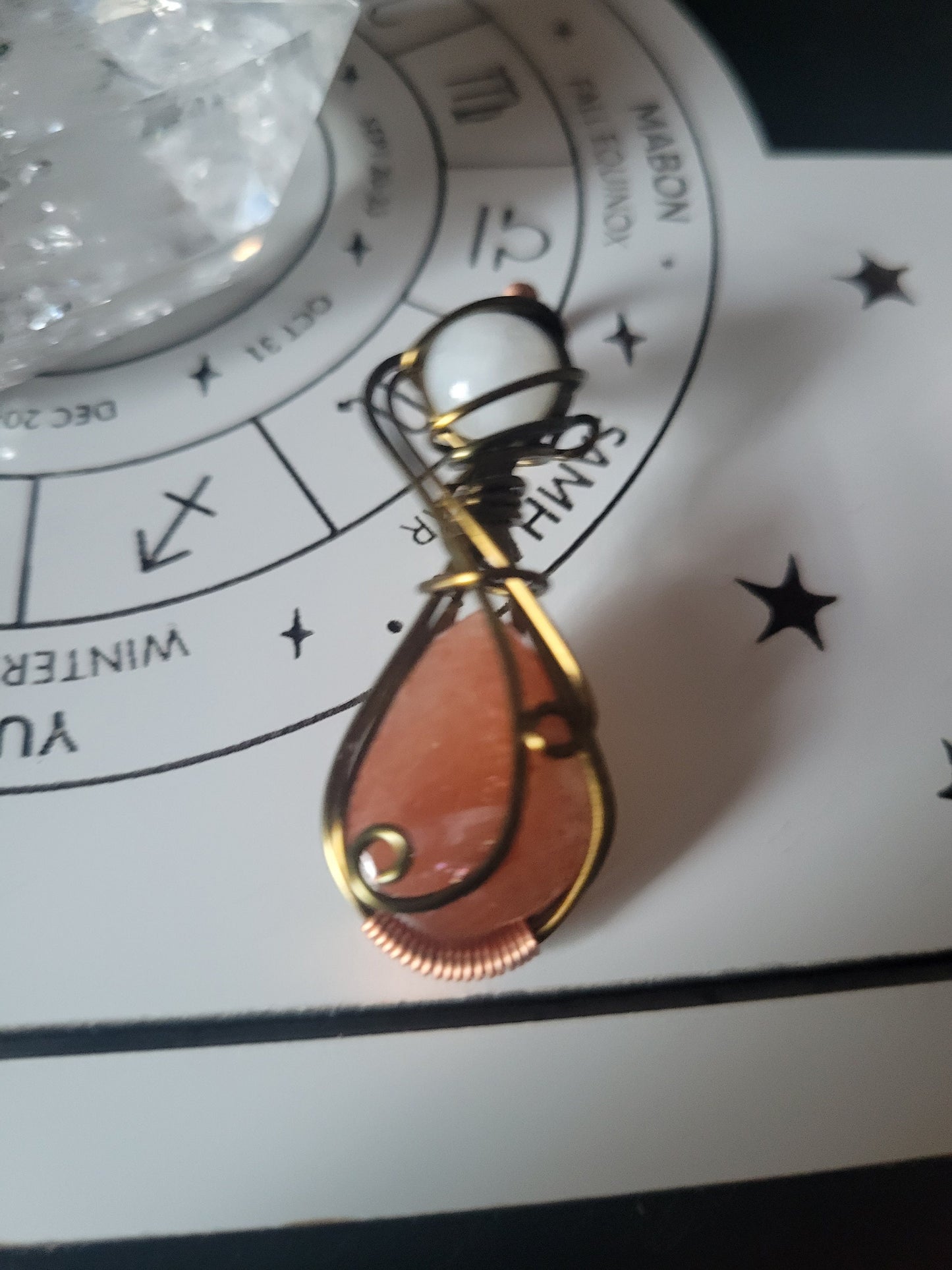 Sunstone and Moonstone Wire Wrapped Pendant Necklace